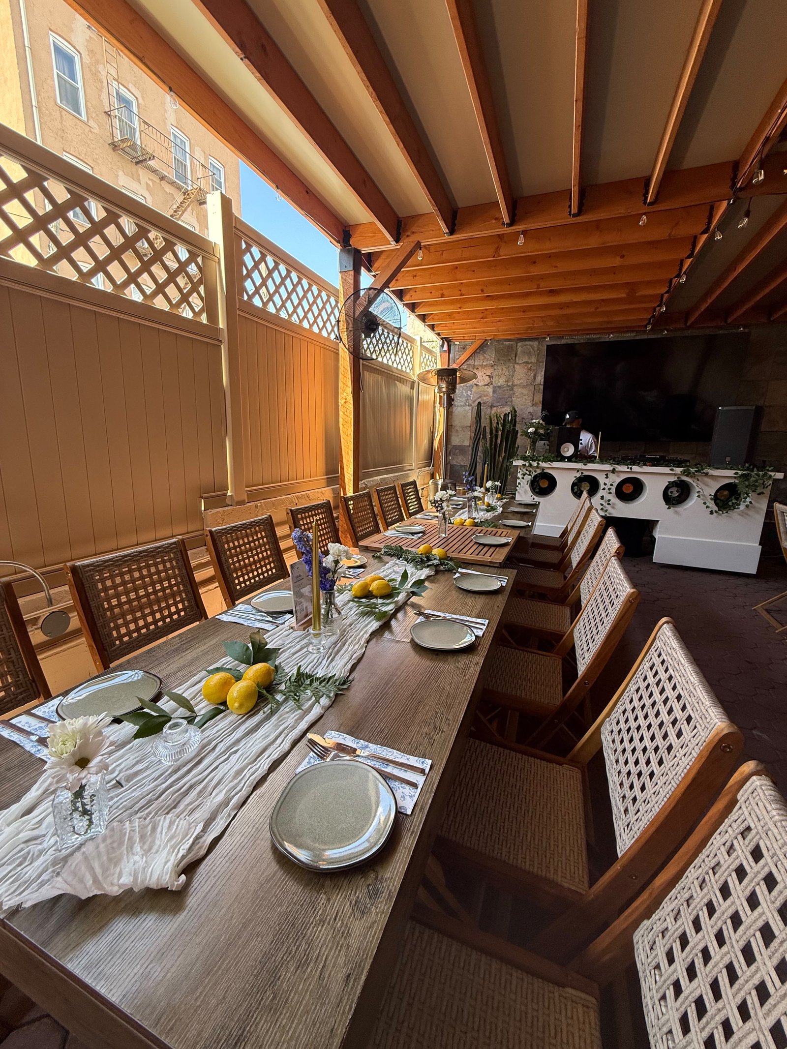 Covered patio at Whitexicans set for a private event in Jackson Heights, Queens
